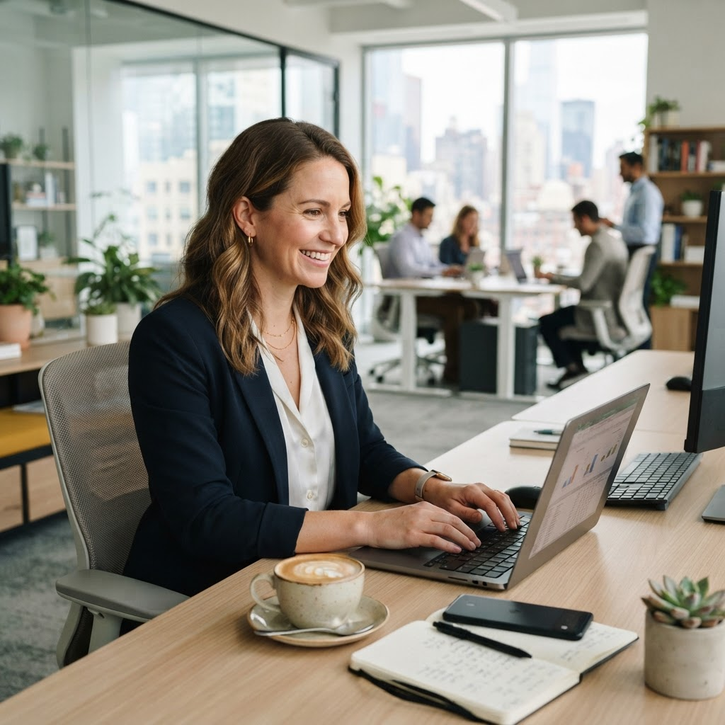 Professional working on a laptop in a modern office
